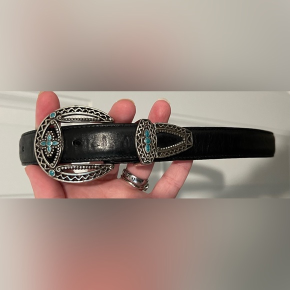 VTG Brighton Turquoise Concho Silver Plate Belt Size Small 28 Black Leather USA - Picture 1 of 12